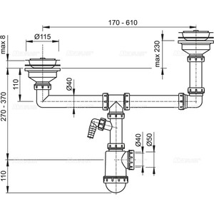Сифон для кухонной мойки AlcaPlast двойной, разноуровневый, с решетками D115, с штуцером (A454P) двойной, разноуровневый, с решетками D115, с штуцером (A454P) - фото 2