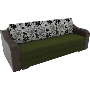 фото Прямой диван лига диванов монако микровельвет зеленый подлокотники экокожа коричневые подушки рогожка на флоке