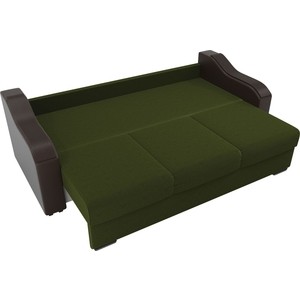 фото Прямой диван лига диванов монако микровельвет зеленый подлокотники экокожа коричневые подушки рогожка на флоке