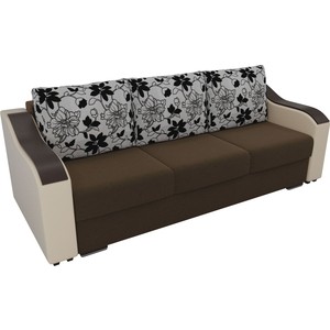 фото Прямой диван лига диванов монако микровельвет коричневый подлокотники экокожа бежевые подушки рогожка на флоке