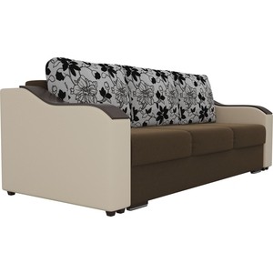 фото Прямой диван лига диванов монако микровельвет коричневый подлокотники экокожа бежевые подушки рогожка на флоке