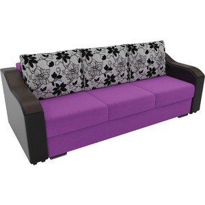 фото Прямой диван лига диванов монако микровельвет фиолетовый подлкотники экокожа черные подушки рогожка на флоке
