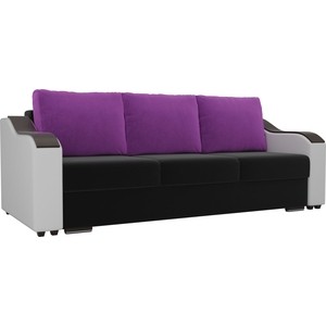 фото Прямой диван лига диванов монако микровельвет черный подлоктники экокожа белые подушки микровельвет фиолетовые