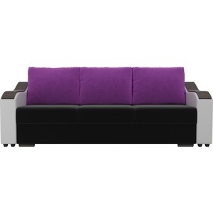 фото Прямой диван лига диванов монако микровельвет черный подлоктники экокожа белые подушки микровельвет фиолетовые