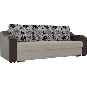 фото Прямой диван лига диванов монако рогожка бежевый подлокотники экокожа коричневые подушки рогожка на флоке