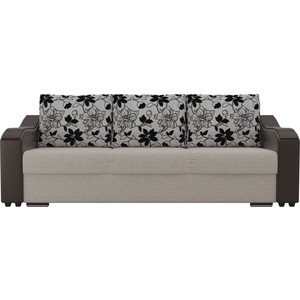 фото Прямой диван лига диванов монако рогожка бежевый подлокотники экокожа коричневые подушки рогожка на флоке