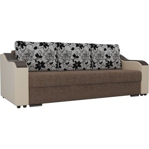 Прямой диван Лига Диванов Монако рогожка коричневый подлокотники экокожа бежевые подушки рогожка на флоке