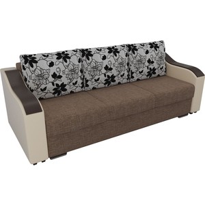 фото Прямой диван лига диванов монако рогожка коричневый подлокотники экокожа бежевые подушки рогожка на флоке