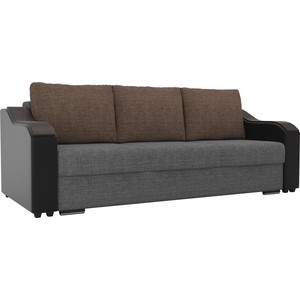 фото Прямой диван лига диванов монако рогожка серый подлокотники экокожа черные подушки рогожка коричневая