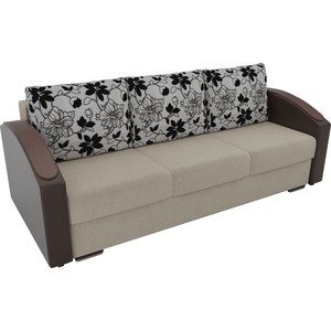 фото Прямой диван лига диванов монако slide микровельвет бежевый подлокотники экокожа коричневые подушки рогожка на флоке
