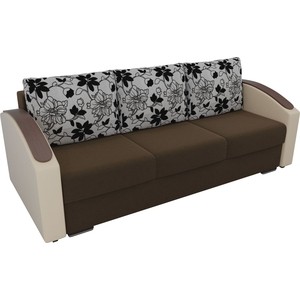 фото Прямой диван лига диванов монако slide микровельвет коричневый подлокотники экокожа бежевые подушки рогожка на флоке