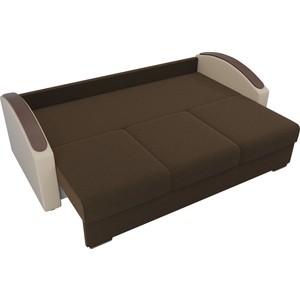 фото Прямой диван лига диванов монако slide микровельвет коричневый подлокотники экокожа бежевые подушки рогожка на флоке