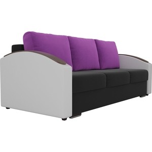 фото Прямой диван лига диванов монако slide микровельвет черный подлоктники экокожа белые подушки микровельвет фиолетовые