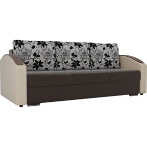 фото Прямой диван лига диванов монако slide экокожа коричневый подлокотники бежевые подушки рогожка на флоке