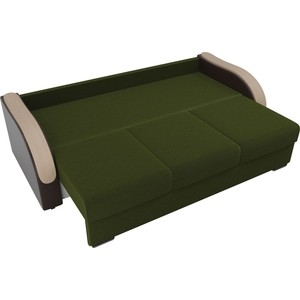 фото Прямой диван лига диванов дарси микровельвет зеленый подлокотники экокожа коричневые подушки рогожка на флоке