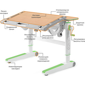 фото Детский стол mealux ergowood-m mg/z bd-800 mg/z столешница клен дерево/накладки на ножках зеленые