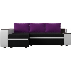 фото Угловой диван артмебель майами микровельвет черный/экокожа белый подушки микровельвет фиолетовый левый угол