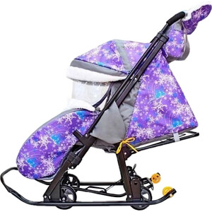 фото Санки коляска galaxy snow luxe елки на фиолетовом на больших мягких колесах+сумка+муфта