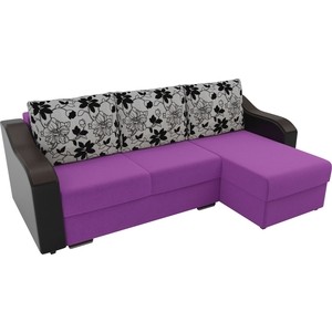 фото Угловой диван лига диванов монако микровельвет фиолетовый подлокотники экокожа черные подушки рогожка на флоке правый угол