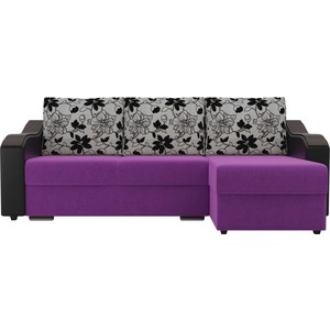 фото Угловой диван лига диванов монако микровельвет фиолетовый подлокотники экокожа черные подушки рогожка на флоке правый угол