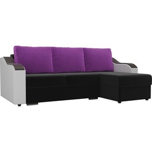 фото Угловой диван лига диванов монако микровельвет черный подлокотники экокожа белые подушки микровельвет фиолетовый правый угол