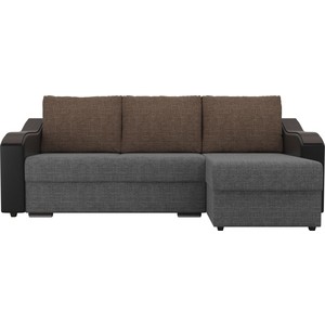 фото Угловой диван лига диванов монако рогожка серый подокотники экокожа черные подушки рогожка коричневый правый угол
