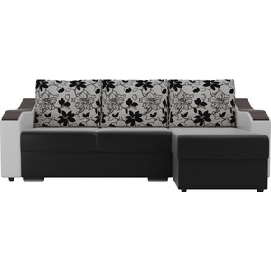 фото Угловой диван лига диванов монако экокожа черный подлокотники белые подушки рогожка на флоке правый угол