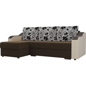 фото Угловой диван лига диванов монако микровельвет коричневый подлокотники экокожа бежевые подушки рогожка на флоке левый угол