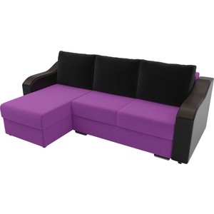 фото Угловой диван лига диванов монако микровельвет фиолетовый подлокотники экокожа черные подушки микровельвет черный левый угол