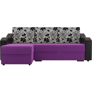 фото Угловой диван лига диванов монако микровельвет фиолетовый подлокотники экокожа черные подушки рогожка на флоке левый угол