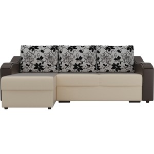 фото Угловой диван лига диванов монако экокожа бежевый подлокотники коричневые подушки рогожка на флоке левый угол