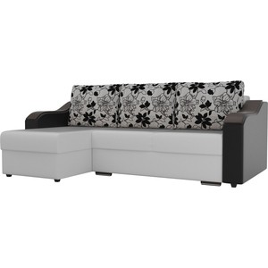 фото Угловой диван лига диванов монако экокожа белый подлокотники черные подушки рогожка на флоке левый угол