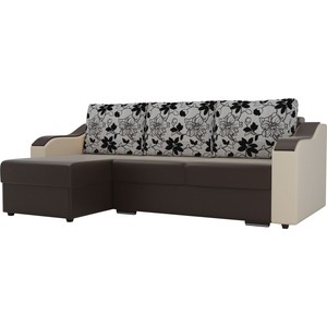 фото Угловой диван лига диванов монако экокожа коричневый подлокотники бежевые подушки рогожка на флоке левый угол