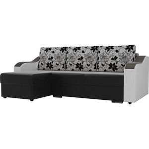 фото Угловой диван лига диванов монако экокожа черный подлокотники белые подушки рогожка на флоке левый угол