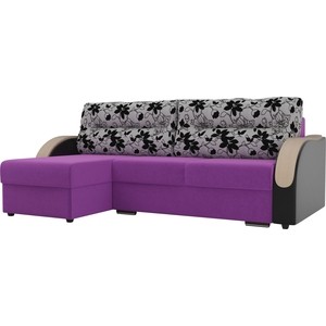фото Угловой диван лига диванов дарси микровельвет фиолетовый подлкотники экокожа черные подушки рогожка на флоке левый угол