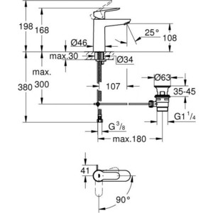 фото Смеситель для раковины grohe bauedge с донным клапаном (23759000)