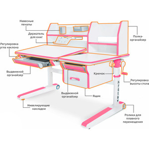 фото Детский стол mealux sherwood w/pn (bd-830 w/pn) столешница белая дерево/накладки на ножках розовые