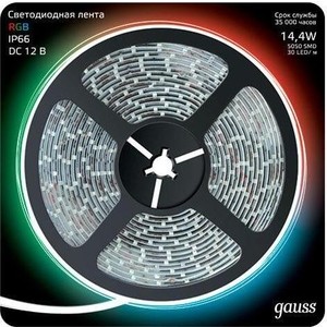 Лента Gauss светодиодная влагозащищенная 14,4W/m 60LED/m 5050SMD RGB 5M 311000414 светодиодная влагозащищенная 14,4W/m 60LED/m 5050SMD RGB 5M 311000414 - фото 1