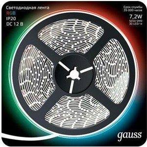 фото Лента gauss светодиодная 7,2w/m 30led/m 5050smd rgb 5m 312000407