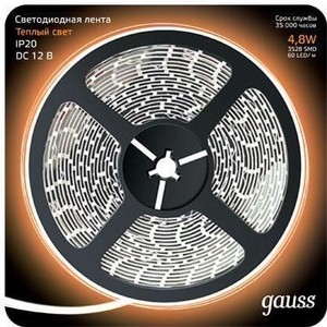 фото Лента gauss светодиодная 4,8w/m 60led/m 2835smd теплый белый 5m 312000105