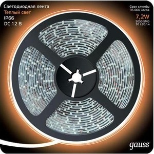 фото Лента gauss светодиодная влагозащищенная 7,2w/m 30led/m 5050smd теплый белый 5m 311000107