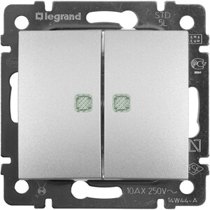 фото Переключатель legrand двухклавишный valena 10a 250v с подсветкой алюминий 770128