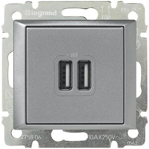 

Розетка Legrand USB двойная Valena 240V/5V 2400mA алюминий 770270, USB двойная Valena 240V/5V 2400mA алюминий 770270
