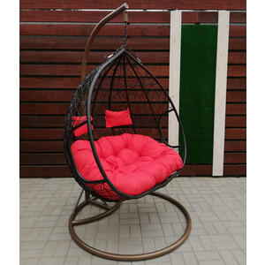 фото Мебельторг подвесное кресло двойное феникс стойка коричневая/основаник коричневое/корзина черная/подушка красная n-876