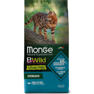 Сухой корм Monge Cat BWild GRAIN FREE беззерновой из тунца для стерилизованных кошек 1,5 кг - фото 1