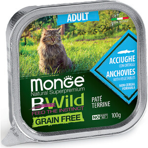 Консервы Monge Cat BWild GRAIN FREE беззерновые из анчоусов с овощами для взрослых кошек 100 г - фото 1