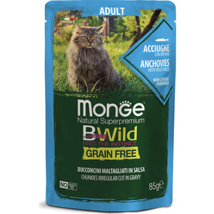 Паучи Monge Cat BWild GRAIN FREE из анчоусов с овощами для взрослых кошек 85 г