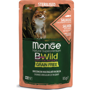 Паучи Monge Cat BWild GRAIN FREE из лосося с креветками и овощами для стерилизованных кошек 85 г