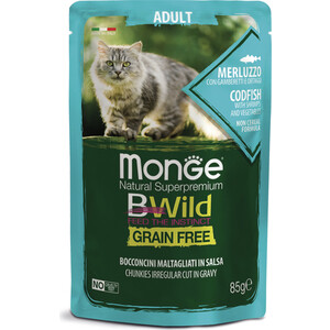 фото Паучи monge cat bwild grain free из трески с креветками и овощами для взрослых кошек 85 г