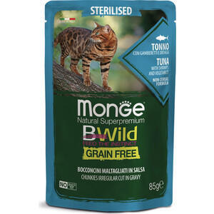Паучи Monge Cat BWild GRAIN FREE из тунца с креветками и овощами для стерилизованных кошек 85 г